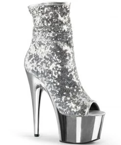 Pleaser Shoes By Pleaser USA ADORE-1008SQ Pleaser Shoes Silver Sequin Chrome Platform Stripper Boots Booties And Ankle High Boots