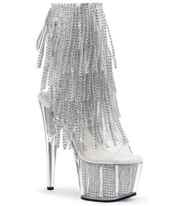 Pleaser Shoes By Pleaser USA ADORE-1017SRS Pleaser Shoes Silver Rhinestone Platform Fringe Stripper Boot Booties And Ankle High Boots