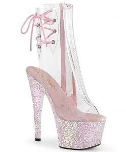 Pleaser Shoes By Pleaser USA Booties And Ankle High Boots ADORE-1018C Pleaser Shoes Clear Upper Pink Glitter Platform Stripper Ankle Boots