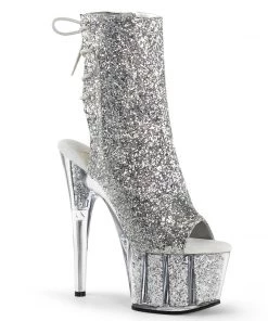 Pleaser Shoes By Pleaser USA ADORE-1018G Pleaser Shoes Silver Glitter Ankle High Stripper Boots Booties And Ankle High Boots