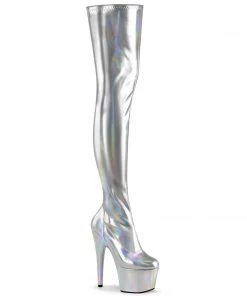 Pleaser Shoes By Pleaser USA ADORE-3000HWR Pleaser Shoes Silver Stretchy Thigh High Boot