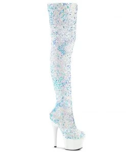 Pleaser Shoes By Pleaser USA Thigh High Boots ADORE-3020 Pleaser Shoes White Multi Sequined Thigh High Stripper Boot