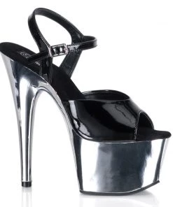 Pleaser Shoes By Pleaser USA ADORE-709 Pleaser Shoes Black Patent Silver Chrome 7 Inch Stripper Shoe 7 Inch Heels