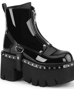Women's Demonia Footwear ASHES-100 Demonia Shoes Black Patent Gothic Studded Boots