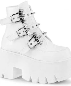 Demonia Shoes Women's Demonia Footwear ASHES-55 White Demonia Vegan Leather Platform Gothic Bootie