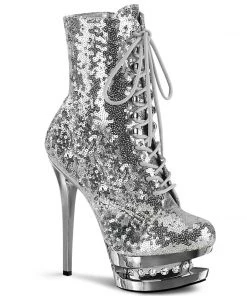 Pleaser Shoes By Pleaser USA BLONDIE-R-1020 Silver Sequin Platform Ankle Boot Booties And Ankle High Boots