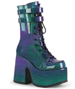 Demonia Shoes CAMEL-250 Purple Green Patent Mid Calf Demonia Boots