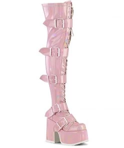 CAMEL-305 Demonia Shoes Pink Patent Thigh High Platform Boots Women's Demonia Footwear