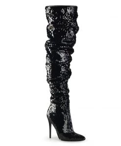Pleaser Shoes By Pleaser USA COURTLY-3011 Pleaser Shoes Black Sequin Thigh High Sexy Boot Halloween Costume Footwear