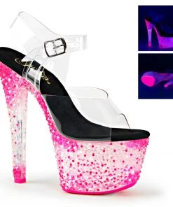 Pleaser Shoes By Pleaser USA 7 Inch Heels CRYSTALIZE-308PS Neon Pink Glow Under Blacklight Stripper Shoe