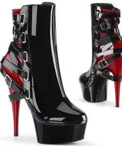 Pleaser Shoes By Pleaser USA DELIGHT-1012 Pleaser Shoes Black & Red Buckle Stripper Bootie Halloween Costume Footwear