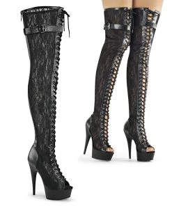 Pleaser Shoes By Pleaser USA DELIGHT-3025ML Pleaser Shoes Black Lace Thigh High Stripper Boot Thigh High Boots