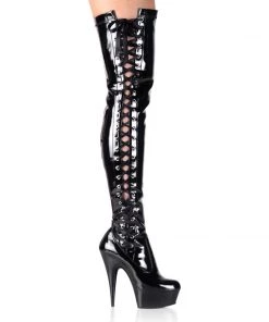 Pleaser Shoes By Pleaser USA Thigh High Boots DELIGHT-3050 Pleaser Shoes Black Patent Platform Thigh High Stripper Boot