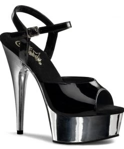 Pleaser Shoes By Pleaser USA DELIGHT-609 Pleaser Shoes Silver Chrome Black Patent Stripper Shoe