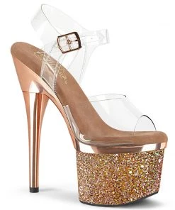 Pleaser Shoes By Pleaser USA ESTEEM-708CHLG Pleaser Shoes Rose Gold Glittery Platform Stripper Shoes