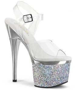 Pleaser Shoes By Pleaser USA ESTEEM-708CHLG Pleaser Shoes Silver Holographic Platform Exotic Dancer Shoes 7 Inch Heels