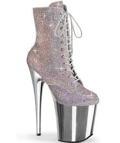Pleaser Shoes By Pleaser USA FLAMINGO-1020CHRS Pleaser Shoes Silver Rhinestone Stripper Boot Booties And Ankle High Boots