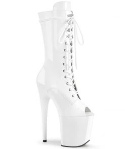 Pleaser Shoes By Pleaser USA Knee High And Mid Calf Boots FLAMINGO-1051 Pleaser Shoes White Patent Open Toe Platform Exotic Dancer Boot