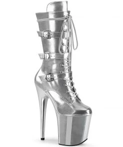 Pleaser Shoes By Pleaser USA FLAMINGO-1053 Pleaser ShoesSilver Metallic Mid Calf Pleaser Stripper Boot Knee High And Mid Calf Boots