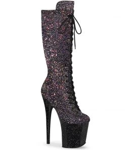 Pleaser Shoes By Pleaser USA FLAMINGO-2020MG Pleaser Shoes Black Glitter Knee High Exotic Dancer Boots Knee High And Mid Calf Boots