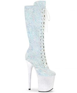 Pleaser Shoes By Pleaser USA Knee High And Mid Calf Boots FLAMINGO-2020MG Pleaser Shoes Glittery White Exotic Dancer Boots