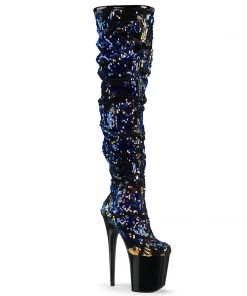 Pleaser Shoes By Pleaser USA FLAMINGO-3004 Pleaser Shoes Clearance Sale Blue Sequin Thigh High