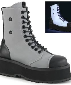 GRAVEDIGGER-10 Demonia Shoes Grey Reflective Platform Gothic Boot Unisex Demonia Footwear
