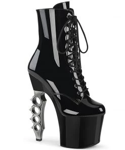 Pleaser Shoes By Pleaser USA IRONGRIP-1020 Pleaser Shoes Black Patent Stripper Shoes Booties And Ankle High Boots