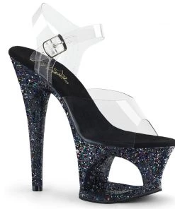 Pleaser Shoes By Pleaser USA MOON-708LG Pleaser Shoes Black Glitter Clearance Exotic Dancer Shoe 7 Inch Heels