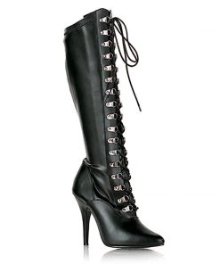 Pleaser Shoes By Pleaser USA SEDUCE-2024 Pleaser Shoes Black Vegan Lace Up Knee High Sexy Boot Knee High And Mid Calf Boots