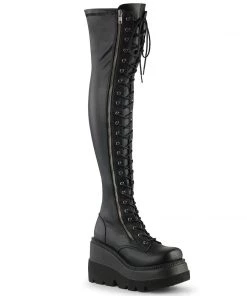 Demonia Shoes Women's Demonia Footwear SHAKER-374 Demonia Shoe Black PU Platform Thigh High Boot