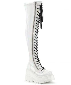 SHAKER-374 Demonia Shoes White Hologram Thigh High Boot Thigh High Boots