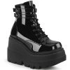 Demonia Shoes Women's Demonia Footwear SHAKER-52 Black Patent Wedge Demonia Gothic Bootie