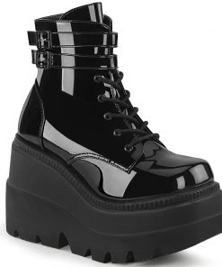 Demonia Shoes Women's Demonia Footwear SHAKER-52 Black Patent Wedge Demonia Gothic Bootie