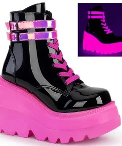 SHAKER-52 Demonia Shoes Glowing Hot Pink Festival Bootie Booties And Ankle High Boots