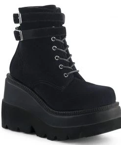 SHAKER-52 Demonia Shoes Wedge Platform Black Velvet Gothic Boot