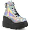 Demonia Shoes SHAKER-52 Silver Hologram Platform Demonia Boot Women's Demonia Footwear