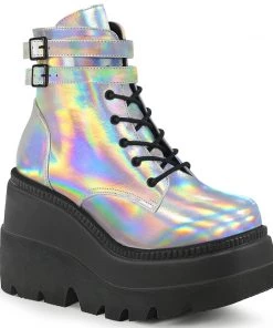 Demonia Shoes SHAKER-52 Silver Hologram Platform Demonia Boot Women's Demonia Footwear