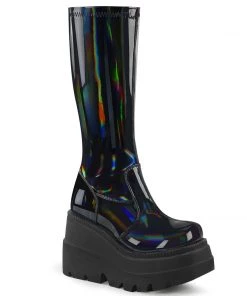 Demonia Shoes Knee High And Mid Calf Boots SHAKER-65 Black Patent Holo Platform Demonia Boot