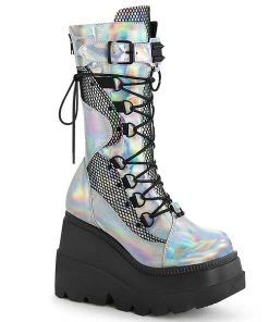 SHAKER-70 Demonia Shoes Silver Hologram Knee Boot Women's Demonia Footwear