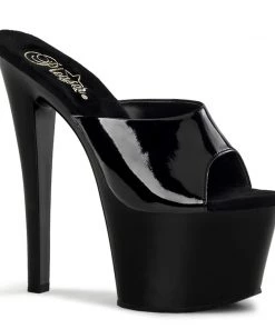 Pleaser Shoes By Pleaser USA SKY-301 Pleaser Shoes Black Patent Platform Slide Stripper Shoes 7 Inch Heels