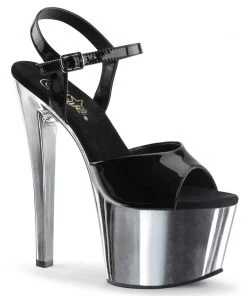 Pleaser Shoes By Pleaser USA SKY-309 Black Patent Silver Chrome Stripper Shoes 7 Inch Heels