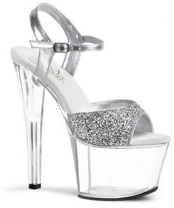 Pleaser Shoes By Pleaser USA SKY-310 Pleaser Shoes Silver Glitter Stripper Shoes 7 Inch Heels