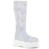 SLACKER-230 Demonia Shoes White Glitter Platform Knee High Boot