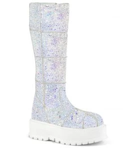 SLACKER-230 Demonia Shoes White Glitter Platform Knee High Boot