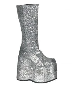 Unisex Demonia Footwear STACK-301G Demonia Shoes Silver Glitter Platform Knee Boot