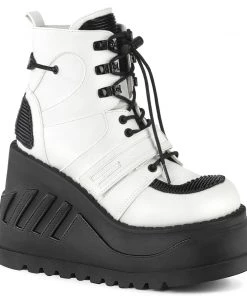 Demonia Shoes STOMP-13 White Faux Leather Wedge Platform Demonia Boot Women's Demonia Footwear