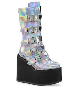 Demonia Shoes Women's Demonia Footwear SWING-230 Silver Hologram Platform Demonia Boots