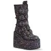 Demonia Shoes SWING-230G Black Glitter Mid Calf Demonia Boot Knee High And Mid Calf Boots