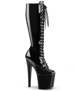 Pleaser Shoes By Pleaser USA TABOO-2023 Pleaser Shoes Black Patent Platform Stripper Shoes Knee High And Mid Calf Boots